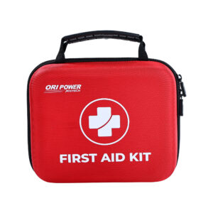 A red first aid kit prominently displaying the words "ori power," symbolizing readiness for emergencies.