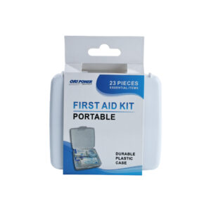 A portable first aid kit with essential supplies, ideal for travel and emergency preparedness.