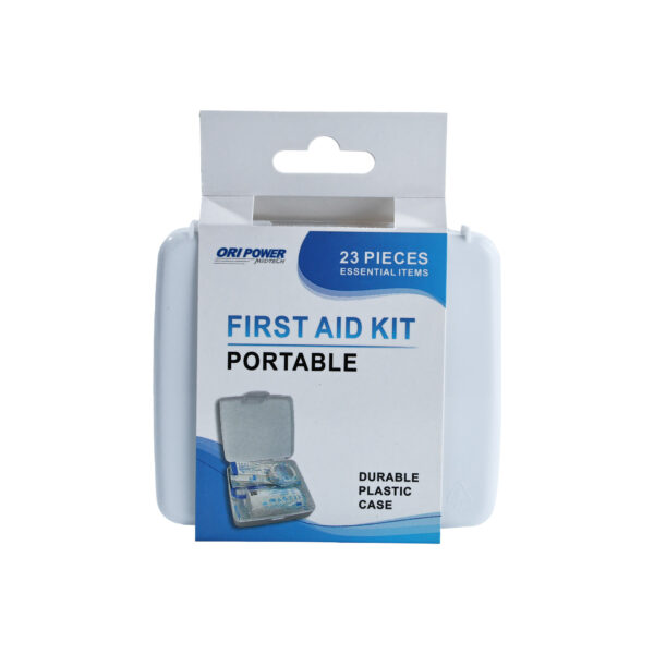 A portable first aid kit with essential supplies, ideal for travel and emergency preparedness.
